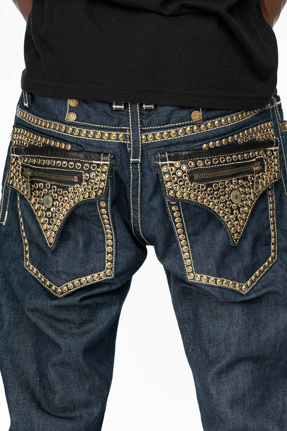 CLINT W/BLACK LEATHER ZIPPER FLAPS EMBELLISHED WITH CRYSTALS AND NAILHEADS IN RINSE WASH sold by Robin's Jean product image thumbnail 4
