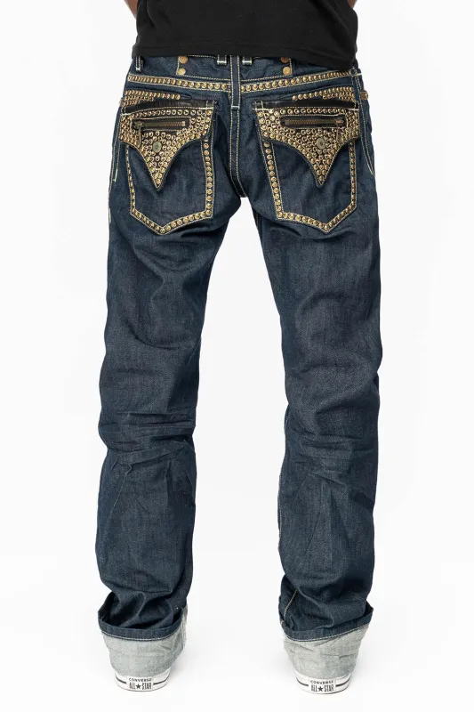 CLINT W/BLACK LEATHER ZIPPER  FLAPS EMBELLISHED WITH CRYSTALS AND NAILHEADS IN RINSE WASH sold by Robin's Jean