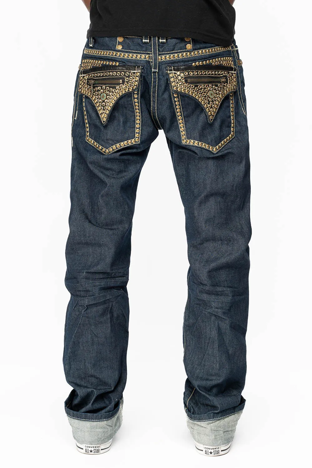CLINT W/BLACK LEATHER ZIPPER FLAPS EMBELLISHED WITH CRYSTALS AND NAILHEADS IN RINSE WASH sold by Robin's Jean