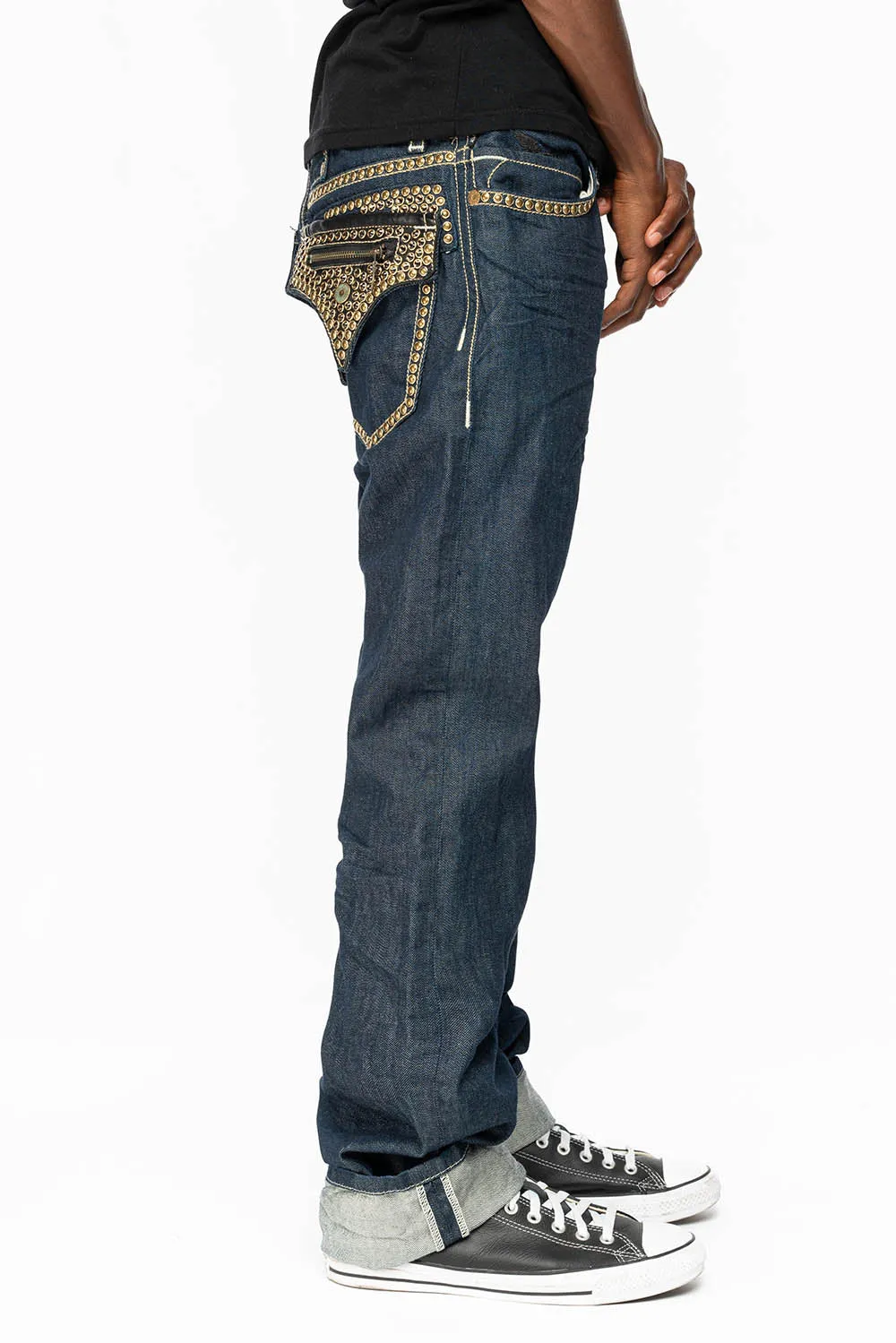 CLINT W/BLACK LEATHER ZIPPER FLAPS EMBELLISHED WITH CRYSTALS AND NAILHEADS IN RINSE WASH sold by Robin's Jean product image thumbnail 3