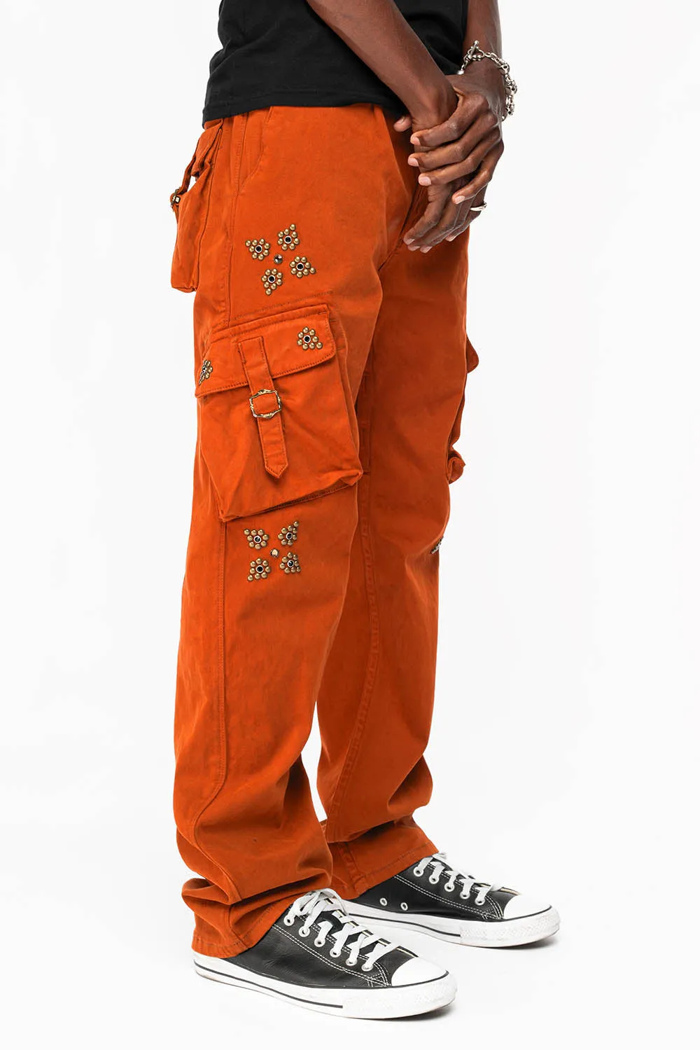 ROBINS NEW MILITARY STYLE CARGO PANTS IN ORANGE WITH WESTERN CRYSTAL MOTIF sold by Robin's Jean