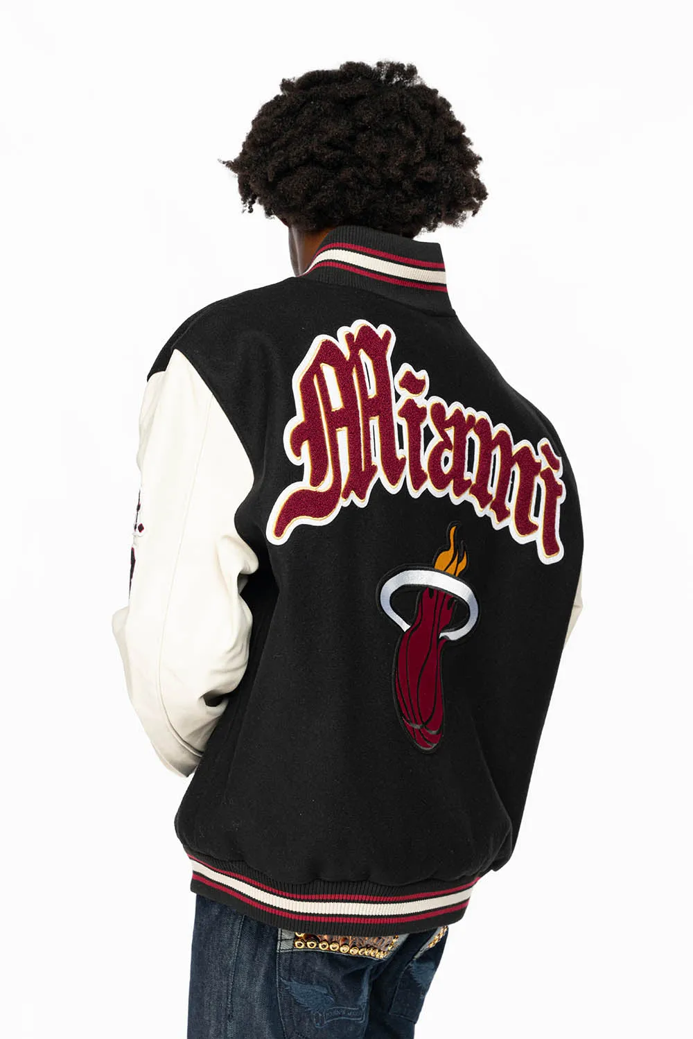 MIAMI HEAT WOOL & LEATHER OLD ENGLISH VARSITY JACKET BLACK sold by Robin's Jean product image thumbnail 5
