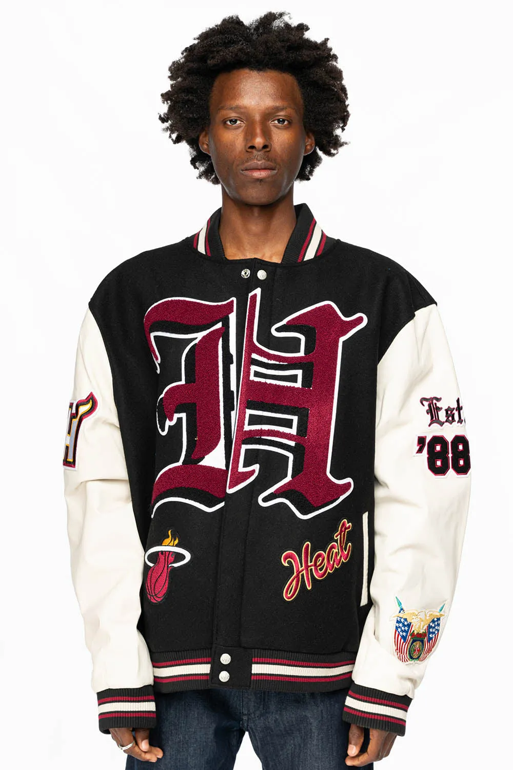 MIAMI HEAT WOOL & LEATHER OLD ENGLISH VARSITY JACKET BLACK sold by Robin's Jean