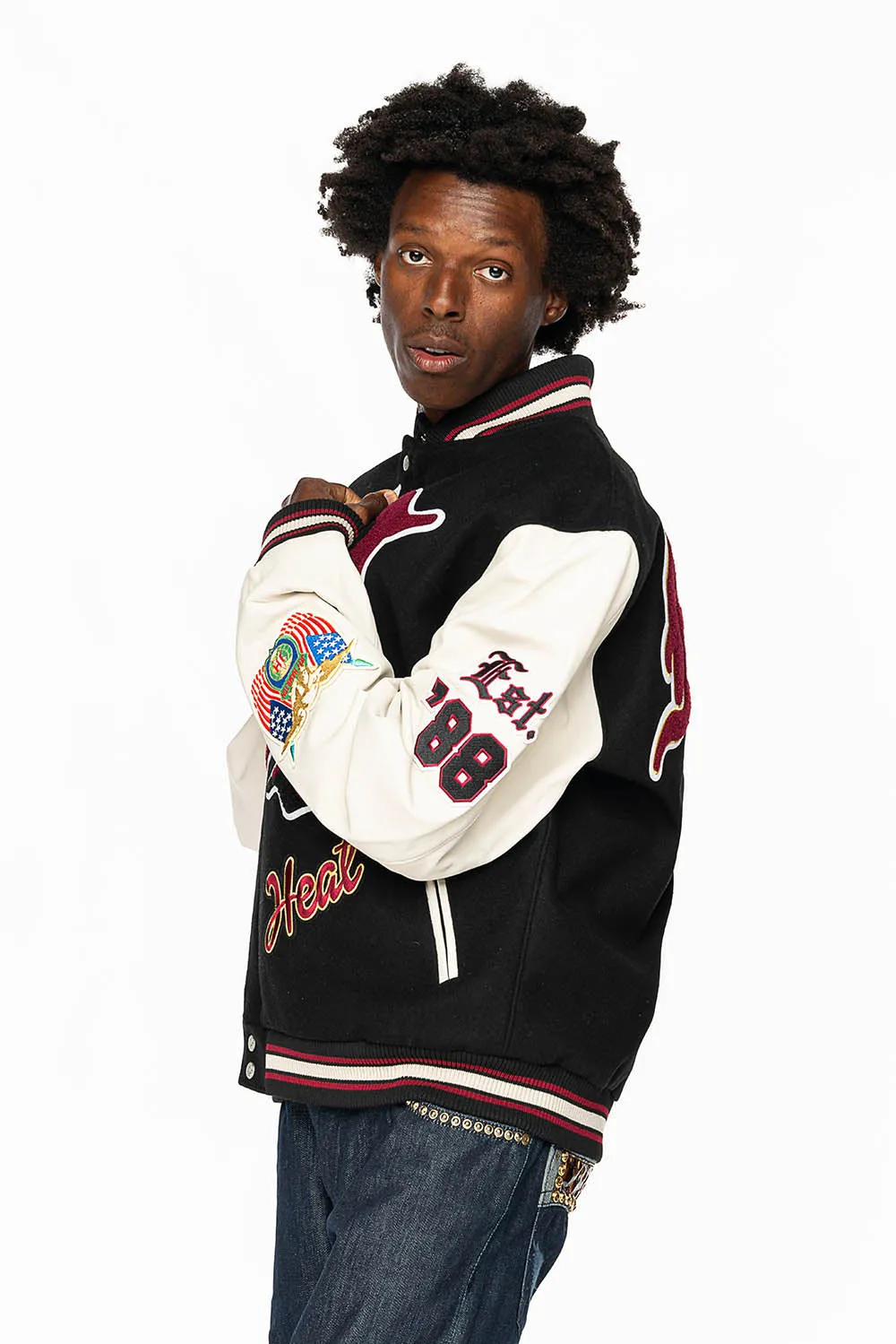 MIAMI HEAT WOOL & LEATHER OLD ENGLISH VARSITY JACKET BLACK sold by Robin's Jean product image thumbnail 4