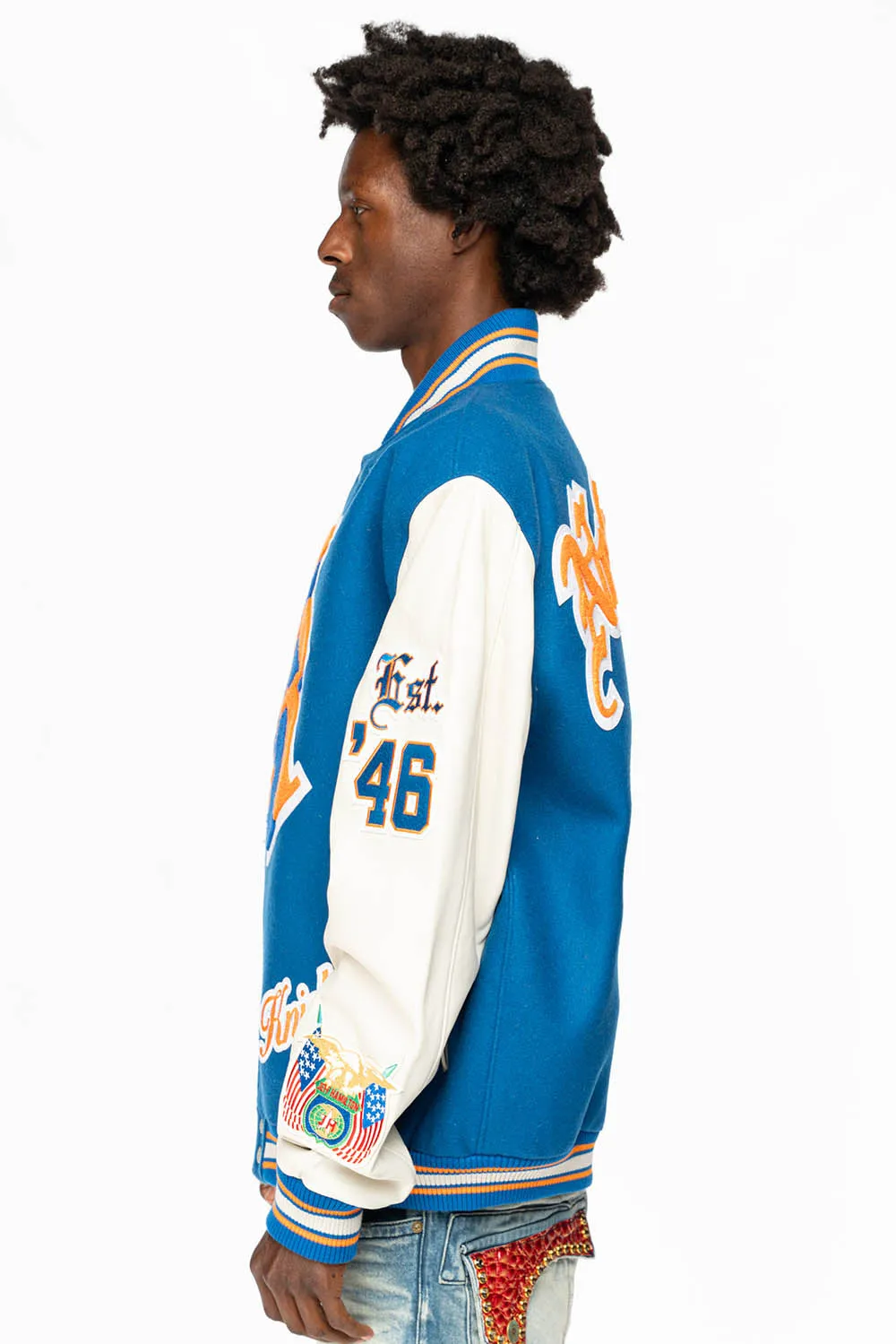 NEW YORK KNICKS WOOL & LEATHER VARSITY JACKET BLUE sold by Robin's Jean product image thumbnail 3