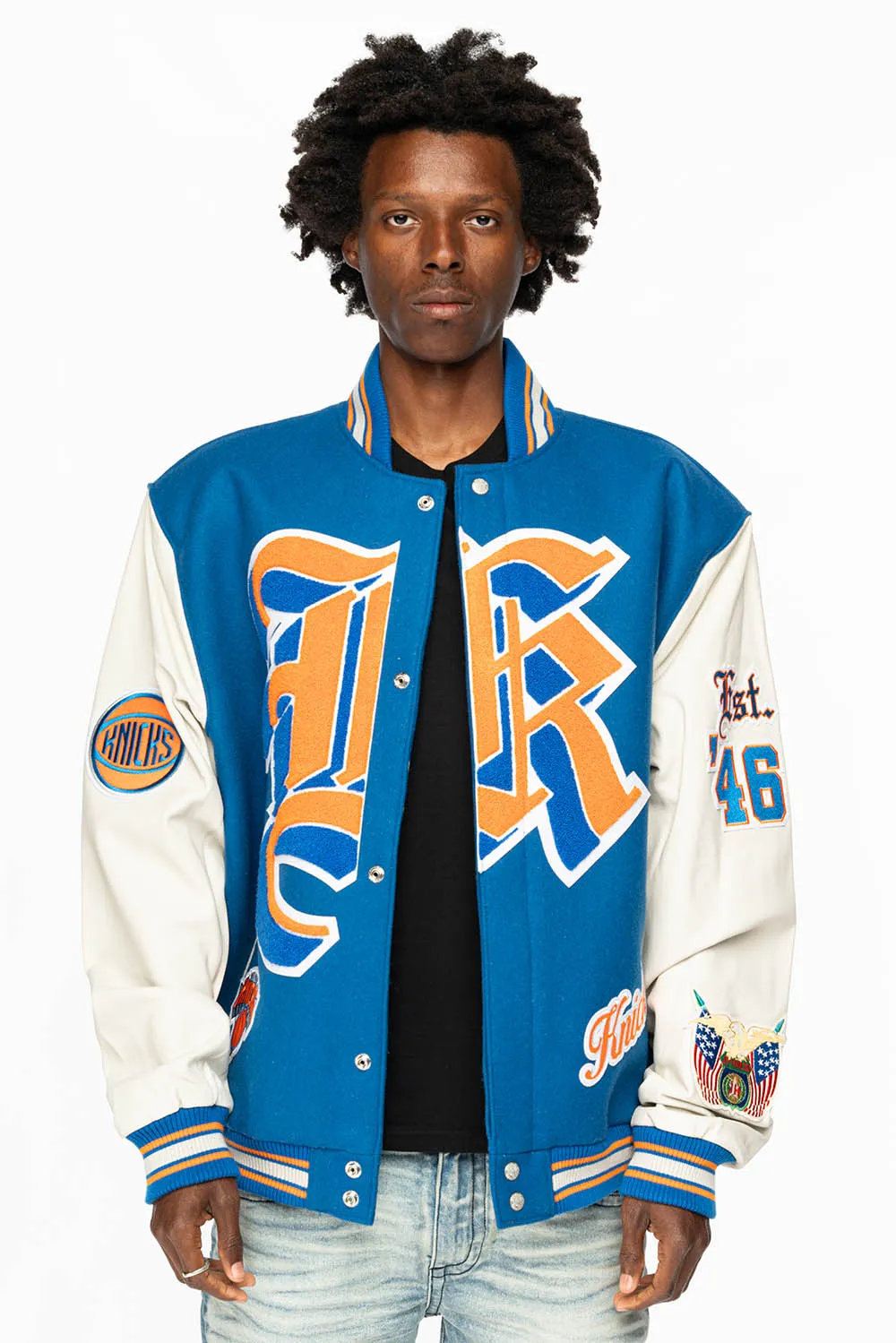 NEW YORK KNICKS WOOL & LEATHER VARSITY JACKET BLUE sold by Robin's Jean