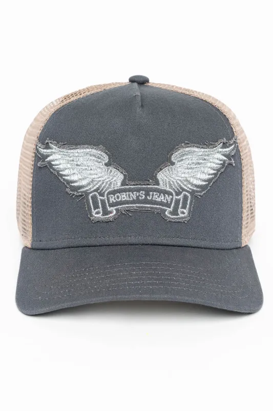 CHARCOAL/BEIGE TRUCKER HAT WITH SILVER WING LOGO EMBROIDERY sold by Robin's Jean