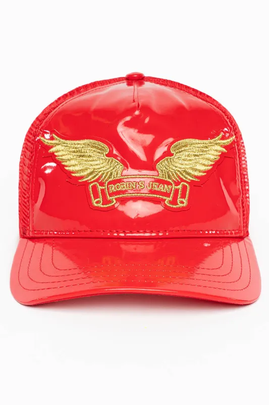 ROBIN’S CLASSIC WING CAP IN RED PATENT WITH GOLD EMBROIDERED LOGO sold by Robin's Jean