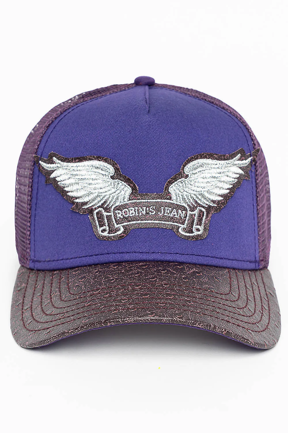 PURPLE/WINE OSTRICH TRUCKER HAT WITH SILVER WING LOGO EMBROIDERY sold by Robin's Jean