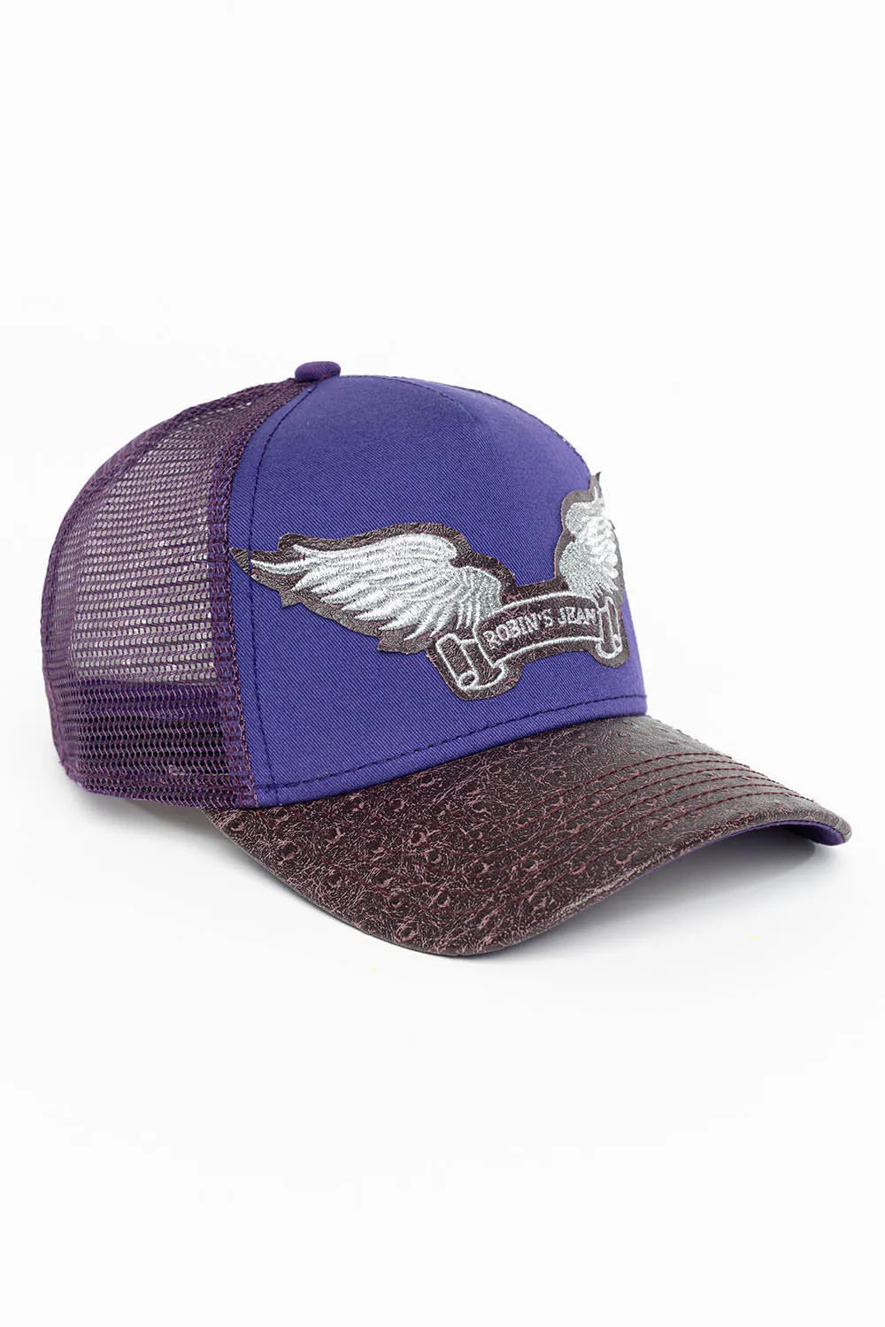 PURPLE/WINE OSTRICH TRUCKER HAT WITH SILVER WING LOGO EMBROIDERY sold by Robin's Jean product image thumbnail 2