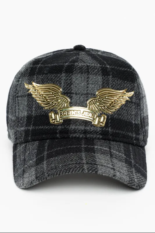 PLAID CAP IN CHARCOAL WITH GOLD EMBOSSED ROBIN’S SIGNATURE WING made by Robin's Jean