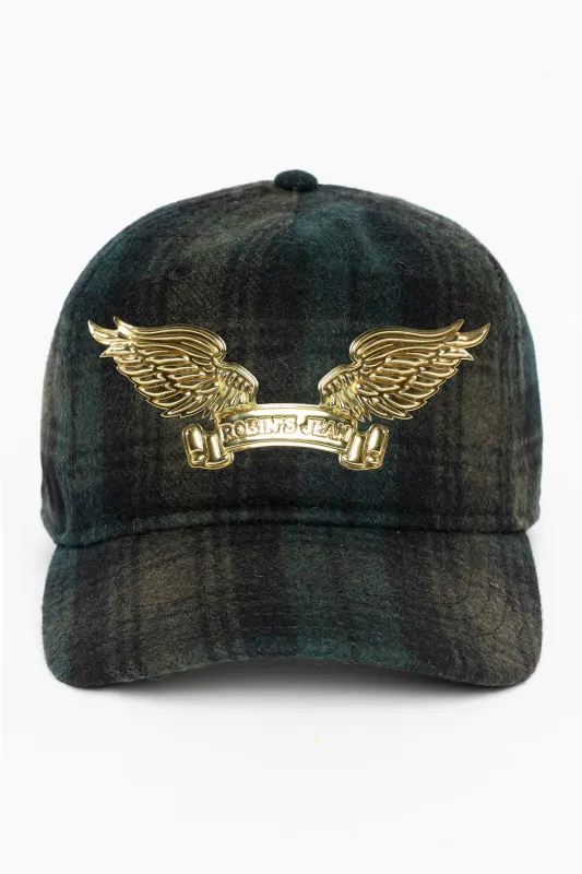 PLAID CAP IN GREEN WITH GOLD EMBOSSED ROBIN’S SIGNATURE WING made by Robin's Jean