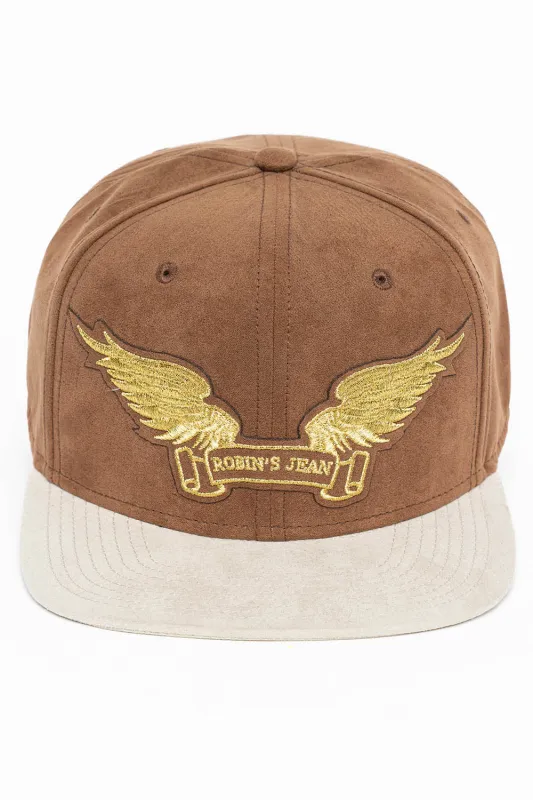 MICRO SUEDE CAP IN COFFEE /STONE COLOR IN GOLD WING LOGO EMBROIDERY made by Robin's Jean