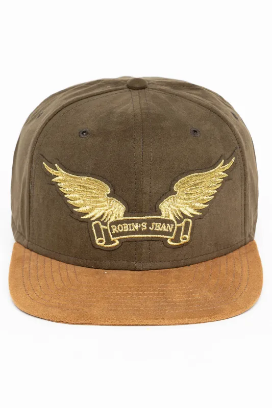 MICRO SUEDE CAP IN OLIVE /CAMEL COLOR IN GOLD WING LOGO EMBROIDERY made by Robin's Jean