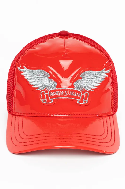 ROBIN’S CLASSIC WING CAP IN RED PATENT WITH SILVER EMBROIDERED LOGO sold by Robin's Jean