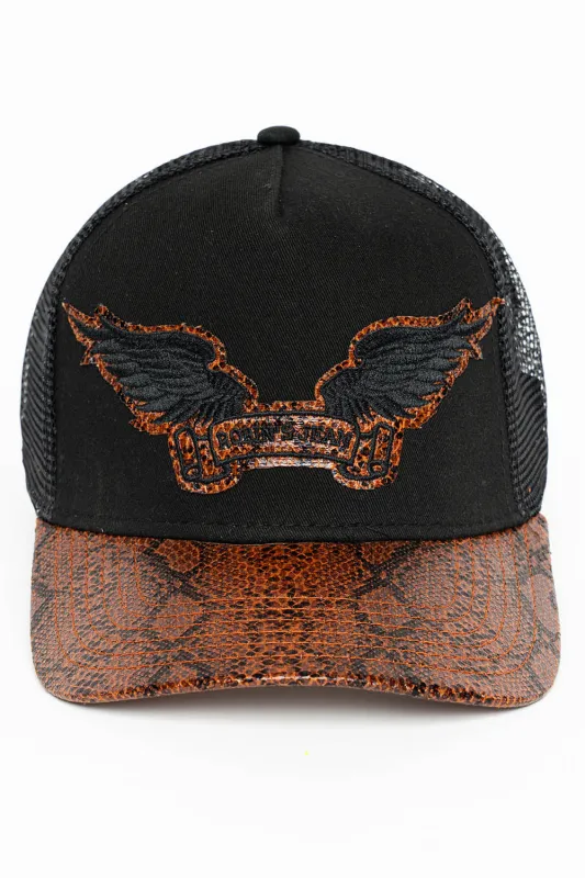 BLK/BROWN PYTHON TRUCKER HAT WITH ROBIN’S SIGNATURE WING LOGO sold by Robin's Jean
