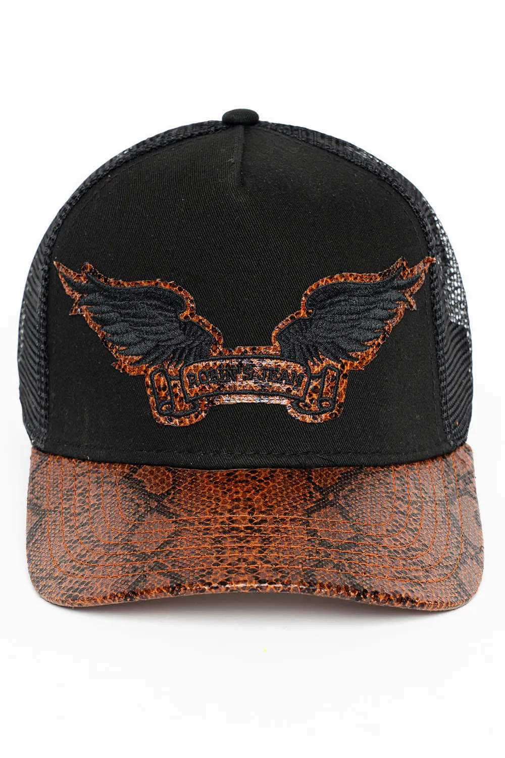 BLK/BROWN PYTHON TRUCKER HAT WITH ROBIN’S SIGNATURE WING LOGO sold by Robin's Jean