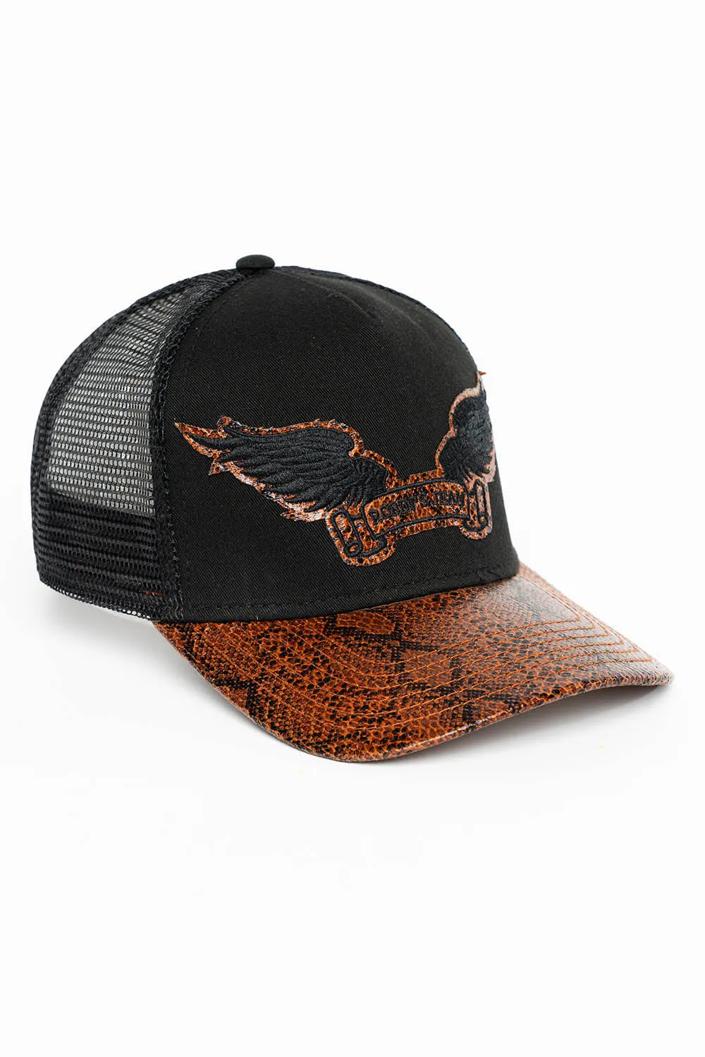 BLK/BROWN PYTHON TRUCKER HAT WITH ROBIN’S SIGNATURE WING LOGO sold by Robin's Jean product image thumbnail 2