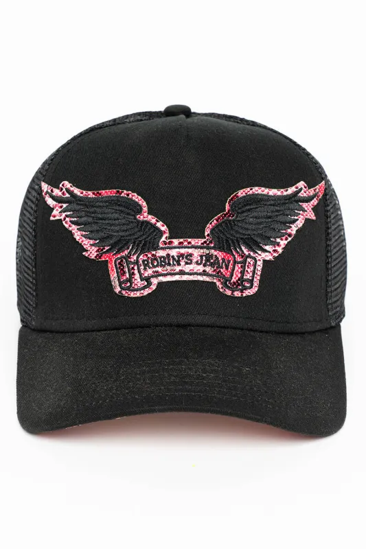 BLACK TRUCKER HAT WITH ROBIN’S SIGNATURE WING LOGO IN HOT PINK PYTHON sold by Robin's Jean