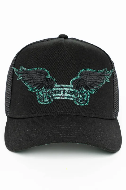 BLACK TRUCKER HAT WITH ROBIN’S SIGNATURE WING LOGO IN GREEN PYTHON sold by Robin's Jean