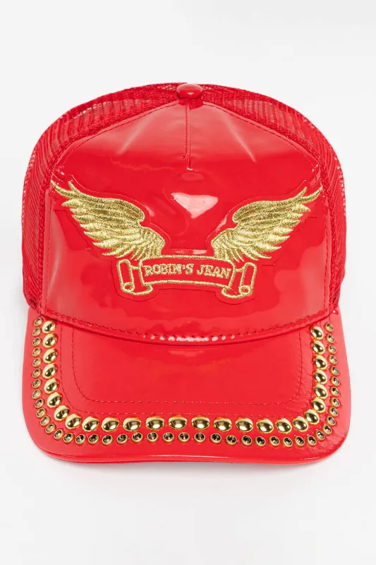 ROBIN’S CLASSIC WING CAP IN RED PATENT WITH GOLD EMBROIDERED LOGO WITH EMBELLISHMENT sold by Robin's Jean
