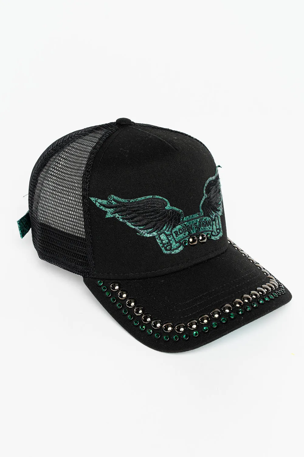 BLACK TRUCKER HAT WITH ROBIN’S SIGNATURE WING LOGO IN GREEN PYTHON WITH EMBALISHMENT sold by Robin's Jean product image thumbnail 2