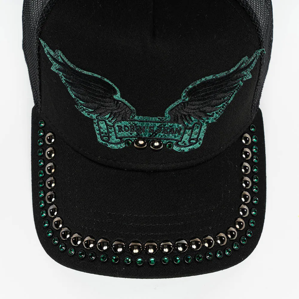 BLACK TRUCKER HAT WITH ROBIN’S SIGNATURE WING LOGO IN GREEN PYTHON WITH EMBALISHMENT sold by Robin's Jean product image thumbnail 3