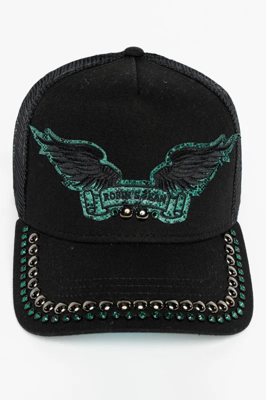 BLACK TRUCKER HAT WITH ROBIN’S SIGNATURE WING LOGO IN GREEN PYTHON WITH EMBALISHMENT sold by Robin's Jean