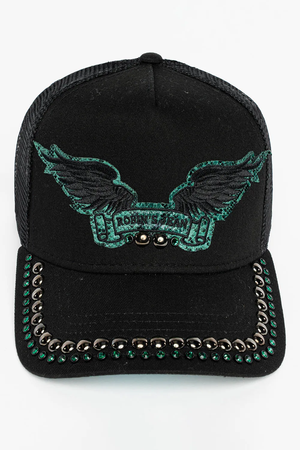 BLACK TRUCKER HAT WITH ROBIN’S SIGNATURE WING LOGO IN GREEN PYTHON WITH EMBALISHMENT sold by Robin's Jean