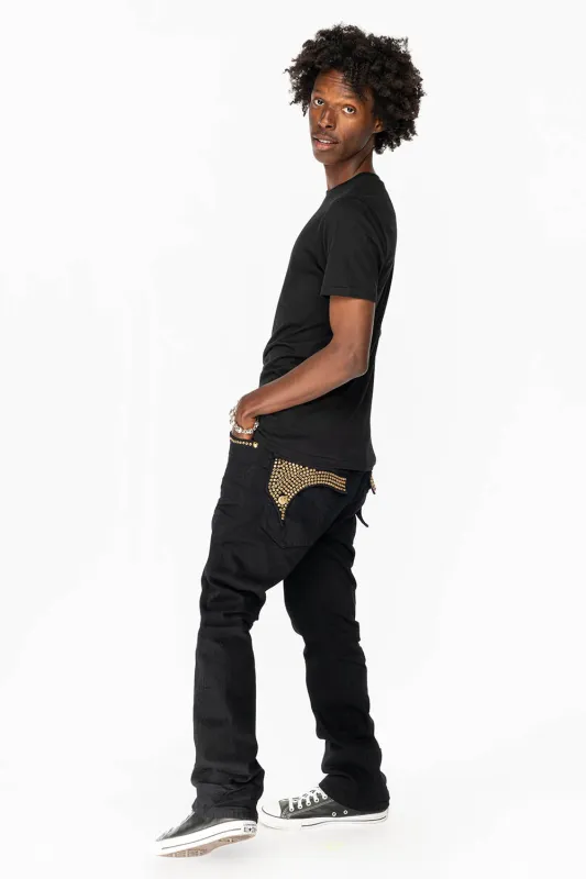 KILLER FLAP MENS STRAIGHT LEG JEAN IN  BLACK FULLY EMBELLISHED WITH SMOKEY TOPAZ CRYSTALS sold by Robin's Jean