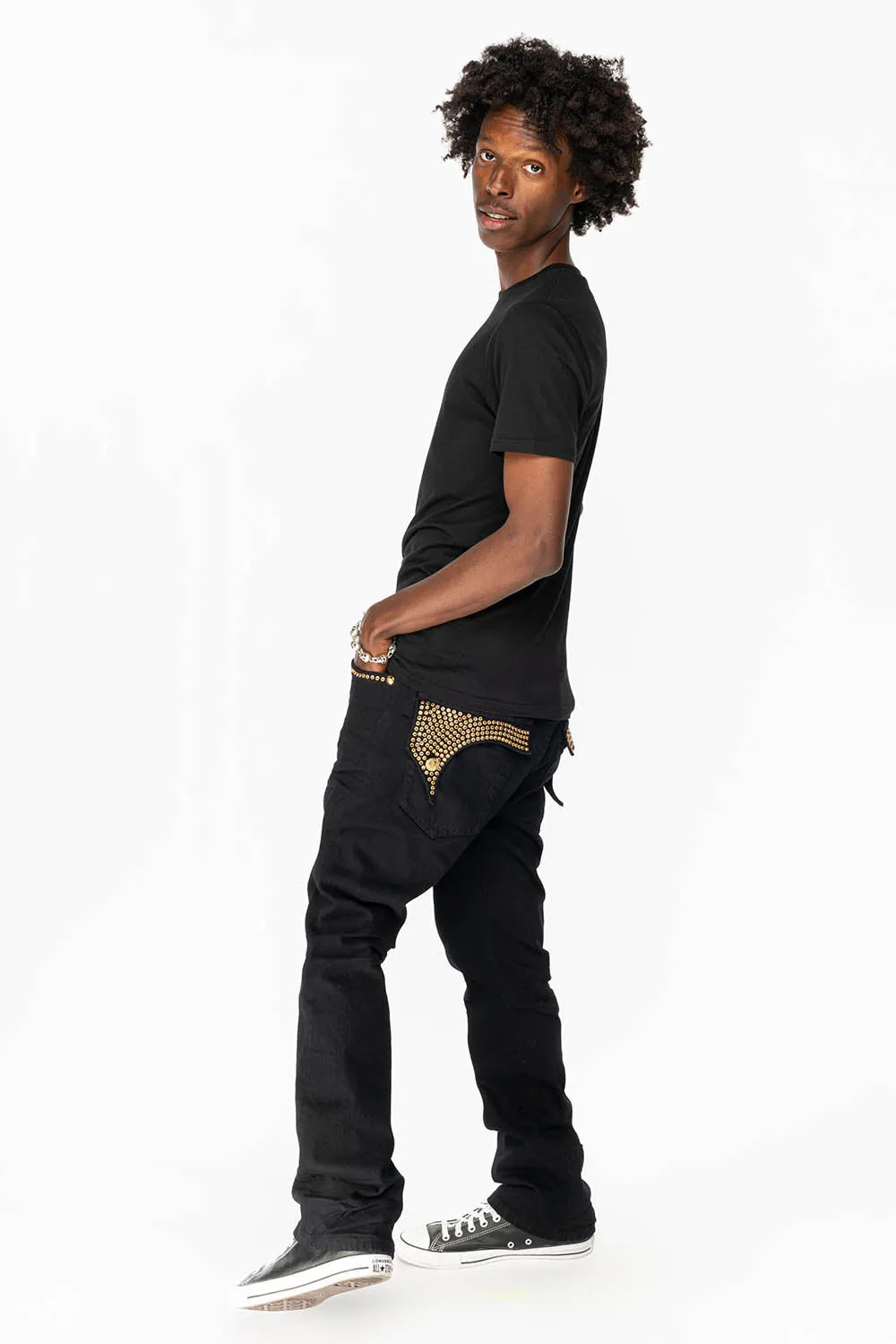 KILLER FLAP MENS STRAIGHT LEG JEAN IN BLACK FULLY EMBELLISHED WITH SMOKEY TOPAZ CRYSTALS sold by Robin's Jean