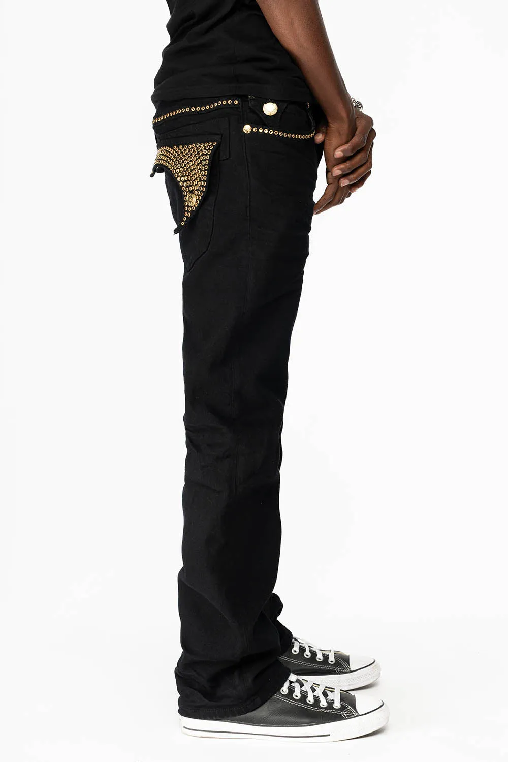 KILLER FLAP MENS STRAIGHT LEG JEAN IN BLACK FULLY EMBELLISHED WITH SMOKEY TOPAZ CRYSTALS sold by Robin's Jean product image thumbnail 4