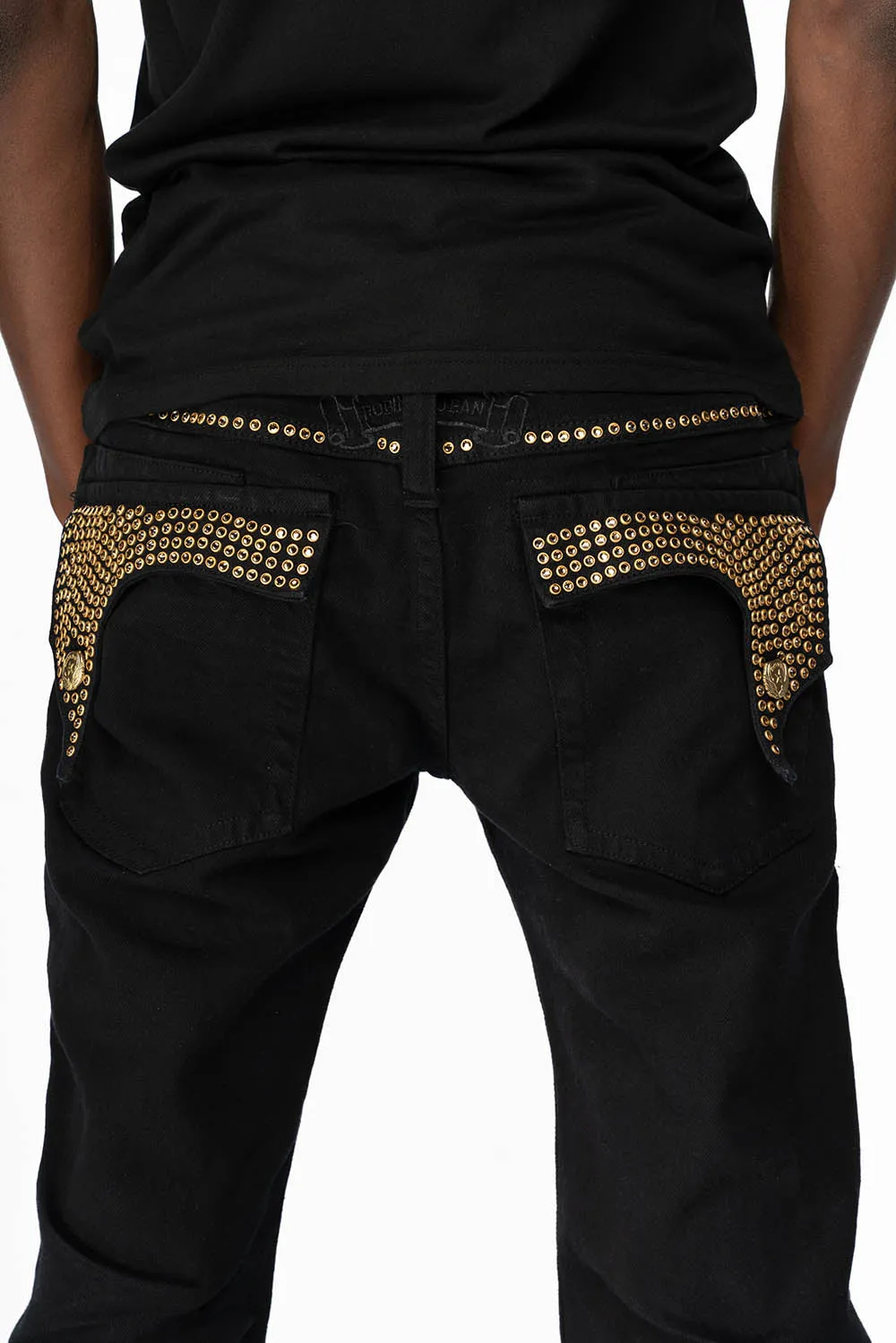 KILLER FLAP MENS STRAIGHT LEG JEAN IN BLACK FULLY EMBELLISHED WITH SMOKEY TOPAZ CRYSTALS sold by Robin's Jean product image thumbnail 2