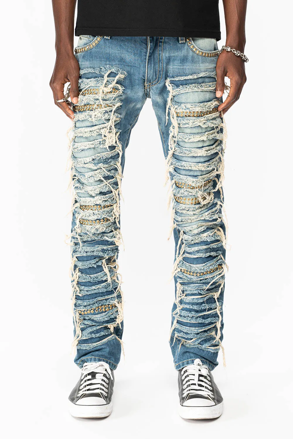 MARLON RIPPED,BROKEN HAND REPAIRED DENIM JEANS IN MANDAN BLUE WITH SMOKEY TOPAZ CRYSTALS AND NAILHEADS sold by Robin's Jean