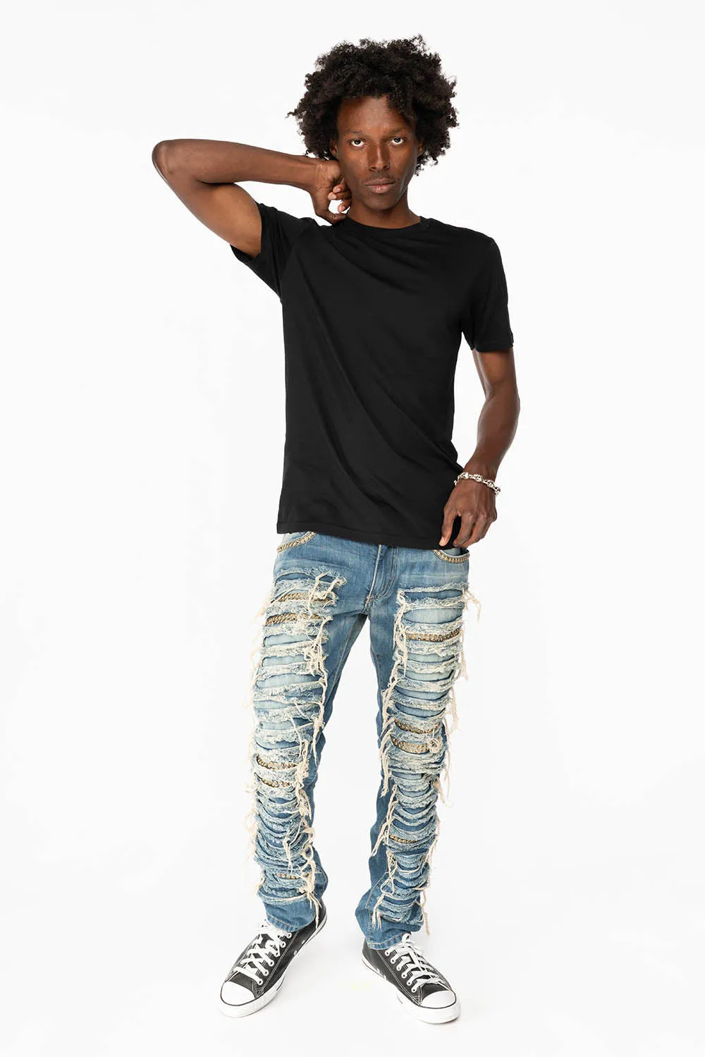 MARLON RIPPED,BROKEN HAND REPAIRED DENIM JEANS IN MANDAN BLUE WITH SMOKEY TOPAZ CRYSTALS AND NAILHEADS sold by Robin's Jean product image thumbnail 5