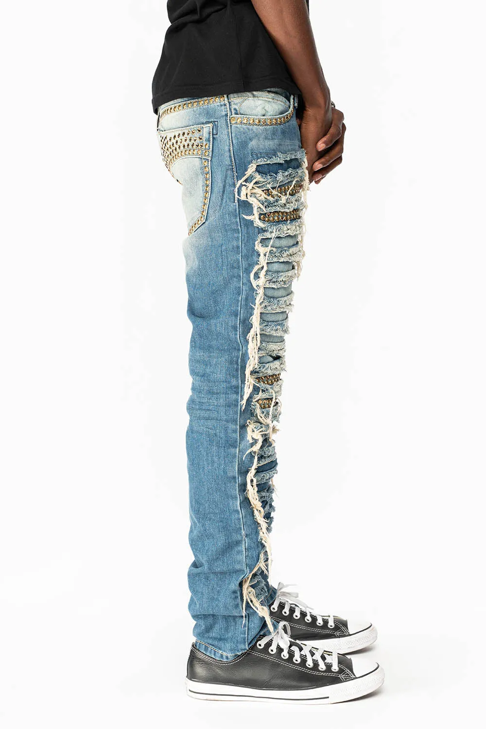 MARLON RIPPED,BROKEN HAND REPAIRED DENIM JEANS IN MANDAN BLUE WITH SMOKEY TOPAZ CRYSTALS AND NAILHEADS sold by Robin's Jean product image thumbnail 3