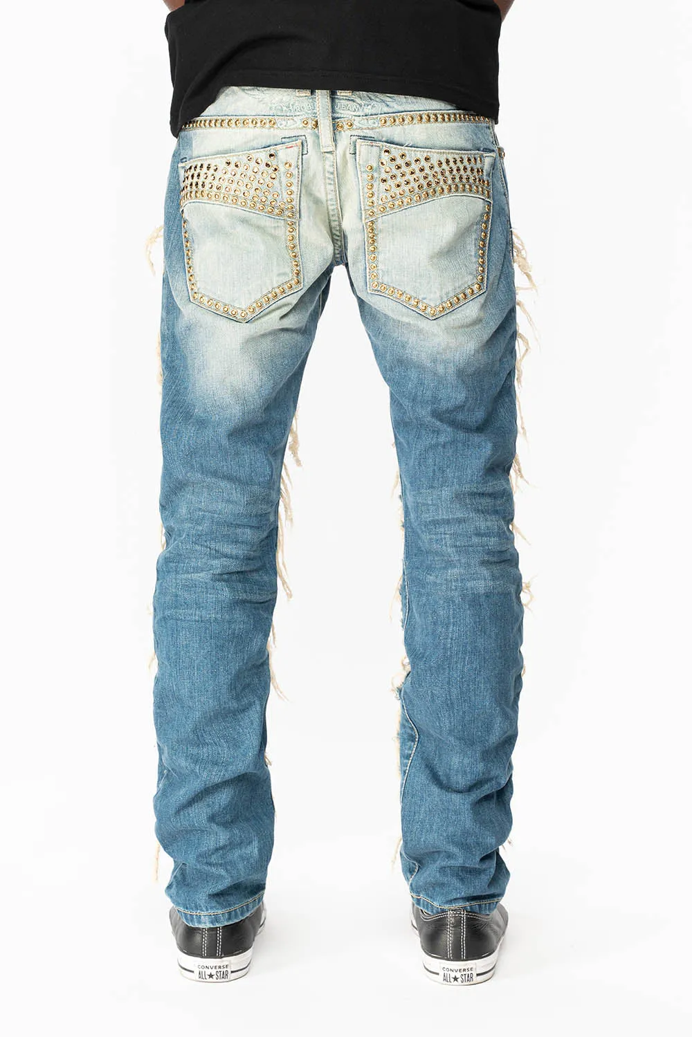 MARLON RIPPED,BROKEN HAND REPAIRED DENIM JEANS IN MANDAN BLUE WITH SMOKEY TOPAZ CRYSTALS AND NAILHEADS sold by Robin's Jean product image thumbnail 4