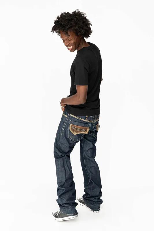 INDIAN W/BROWN LEATHER ZIPPER FLAPS IN RINSE WASH WITH STUDS sold by Robin's Jean