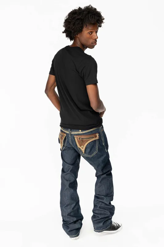 CLINT W/BROWN LEATHER ZIPPER FLAPS IN RINSE WASH WITH ANTIQUE BRASS EMBELLISHMENT sold by Robin's Jean