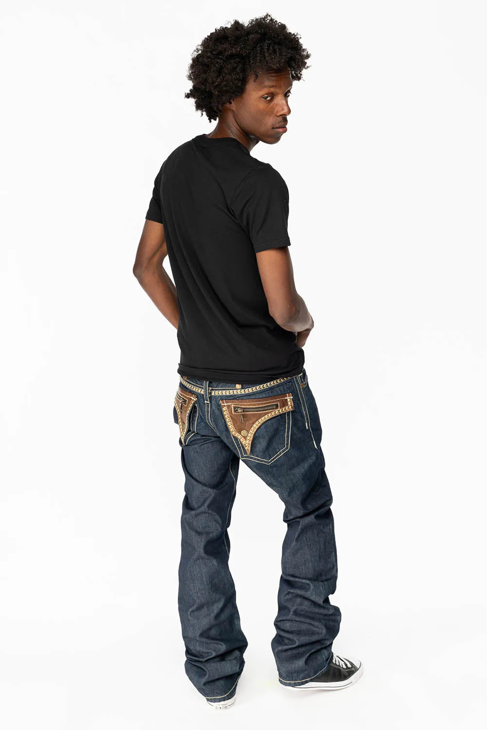 CLINT W/BROWN LEATHER ZIPPER FLAPS IN RINSE WASH WITH ANTIQUE BRASS EMBELLISHMENT sold by Robin's Jean