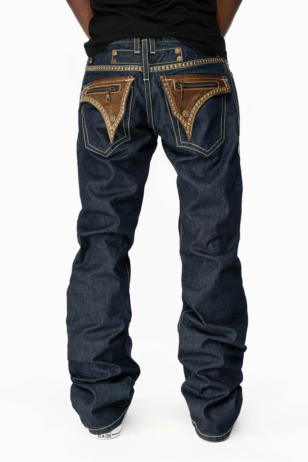 CLINT W/BROWN LEATHER ZIPPER FLAPS IN RINSE WASH WITH ANTIQUE BRASS EMBELLISHMENT sold by Robin's Jean product image thumbnail 3