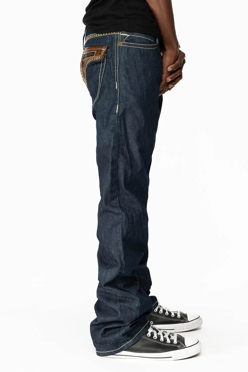 CLINT W/BROWN LEATHER ZIPPER FLAPS IN RINSE WASH WITH ANTIQUE BRASS EMBELLISHMENT sold by Robin's Jean product image thumbnail 5