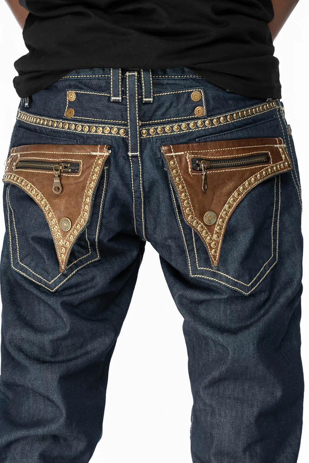 CLINT W/BROWN LEATHER ZIPPER FLAPS IN RINSE WASH WITH ANTIQUE BRASS EMBELLISHMENT sold by Robin's Jean product image thumbnail 2