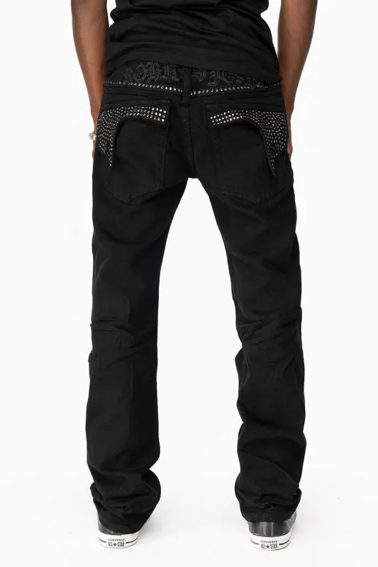 KILLER FLAP MENS STRAIGHT LEG JEAN IN BLACK FULLY EMBELLISHED WITH BLACK DIAMOND CRYSTALS sold by Robin's Jean