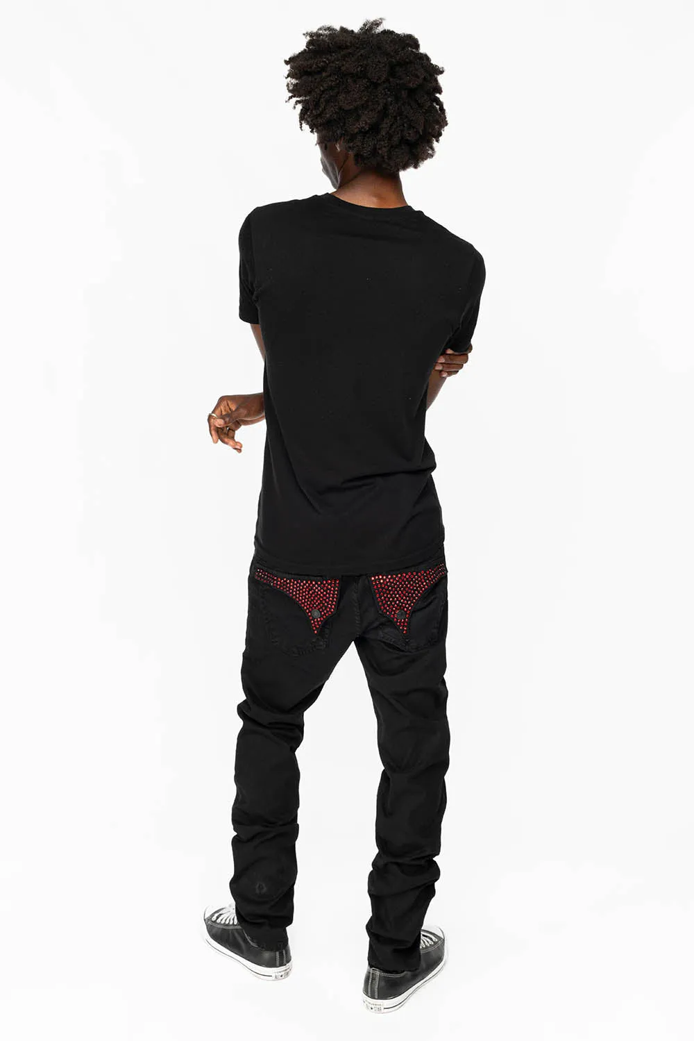 LONG FLAP SLIM FIT MENS JEANS WITH RED CRYSTALS IN ANTIQUE BLACK sold by Robin's Jean product image thumbnail 2