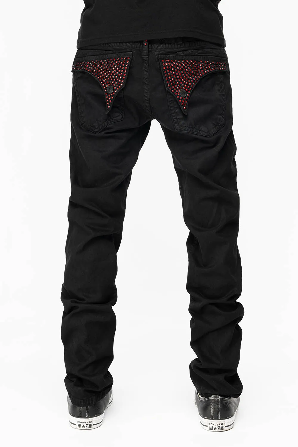 LONG FLAP SLIM FIT MENS JEANS WITH RED CRYSTALS IN ANTIQUE BLACK sold by Robin's Jean product image thumbnail 5