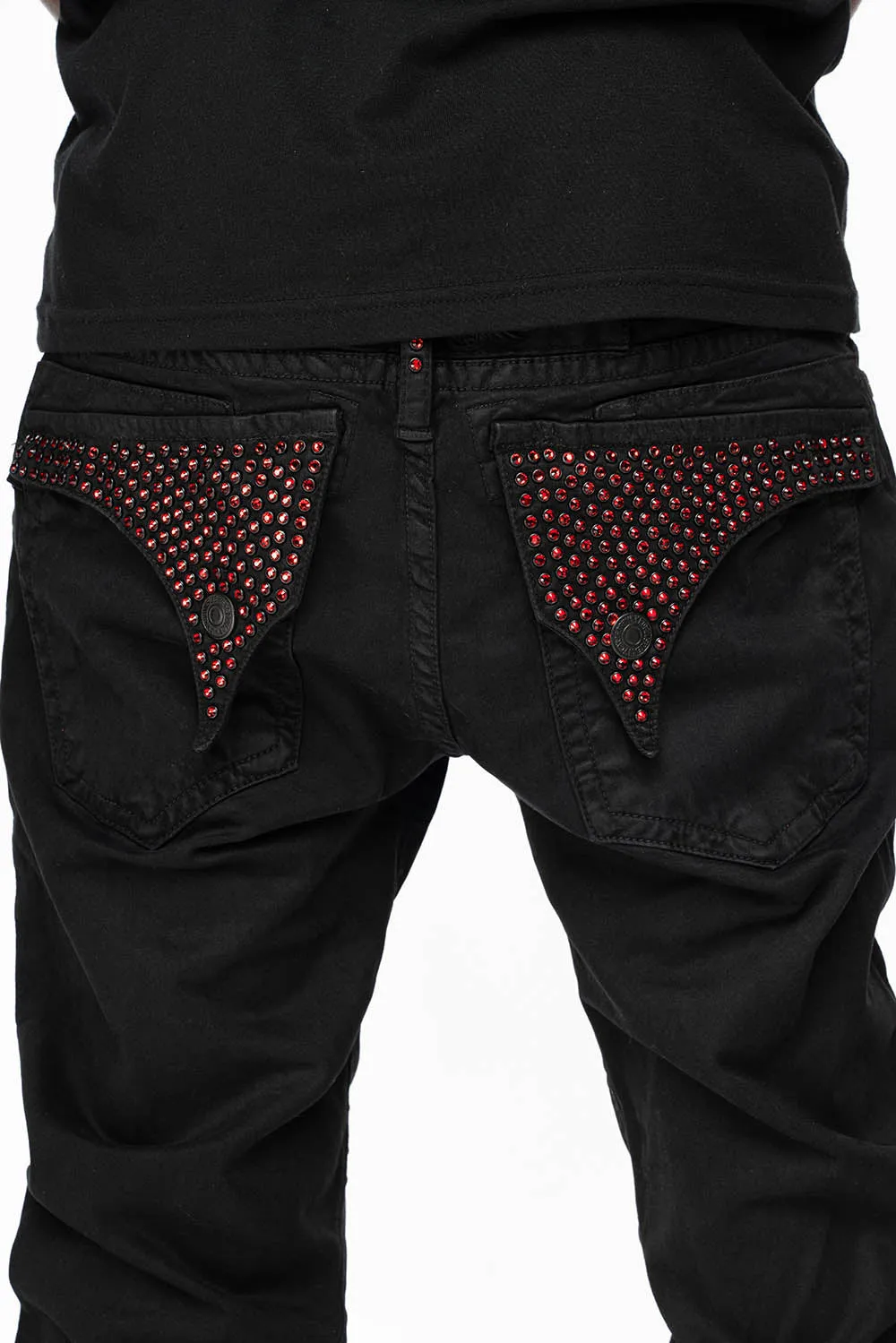 LONG FLAP SLIM FIT MENS JEANS WITH RED CRYSTALS IN ANTIQUE BLACK sold by Robin's Jean product image thumbnail 4