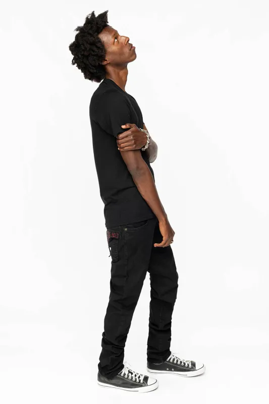 LONG FLAP SLIM FIT MENS JEANS WITH RED CRYSTALS  IN ANTIQUE BLACK sold by Robin's Jean