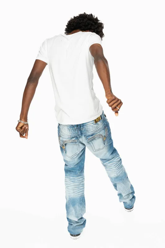 KILLER FLAP MENS STRAIGHT LEG JEAN IN 5D LIGHT BLUE WASH EMBELLISHED WITH CRYSTALS sold by Robin's Jean