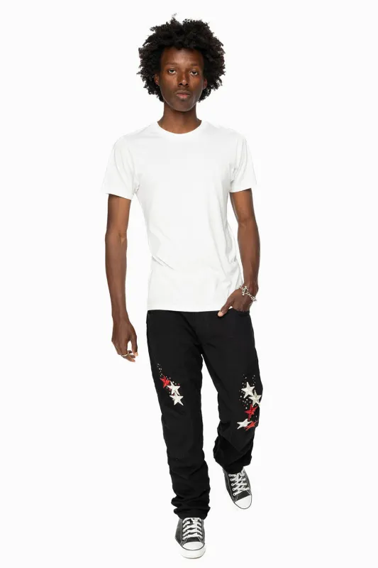 GYPSY STRAIGHT LEG JEANS LIMITED EDITION WITH STAR PATCHES  EMBELLISHED WITH CRYSTALS IN PURE BLACK sold by Robin's Jean